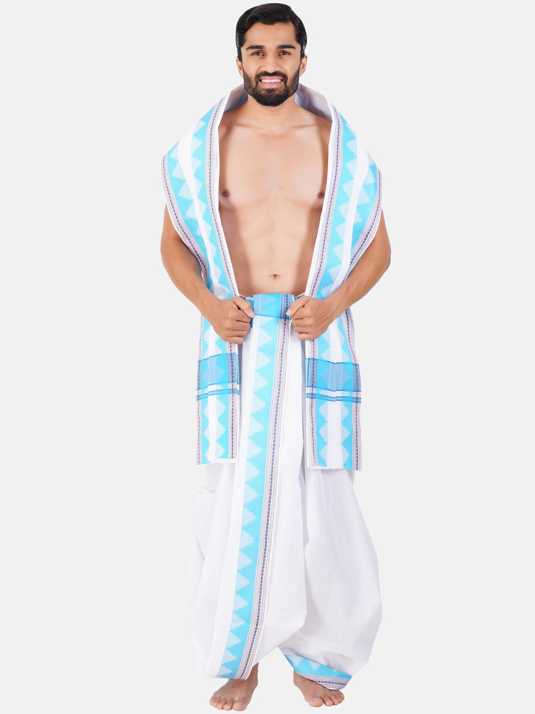 

Ramraj Printed Cotton Dhoti With Angavasthram, Blue