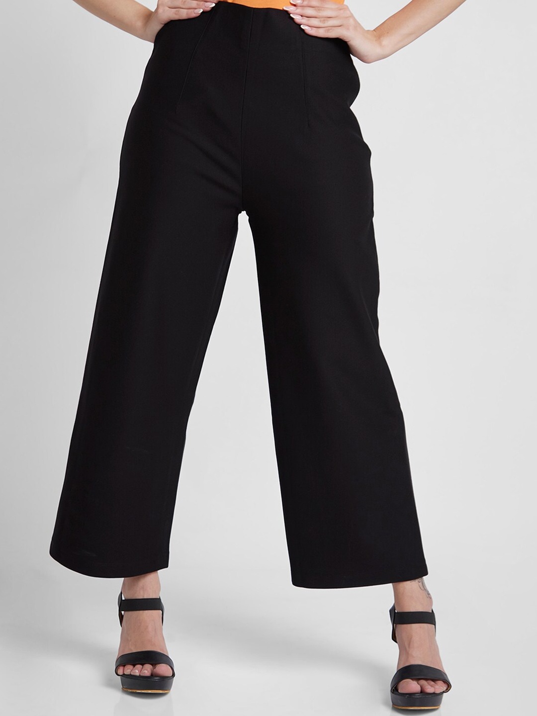 

Spykar Women Cotton Flared Fit Cotton Parallel Trousers, Black