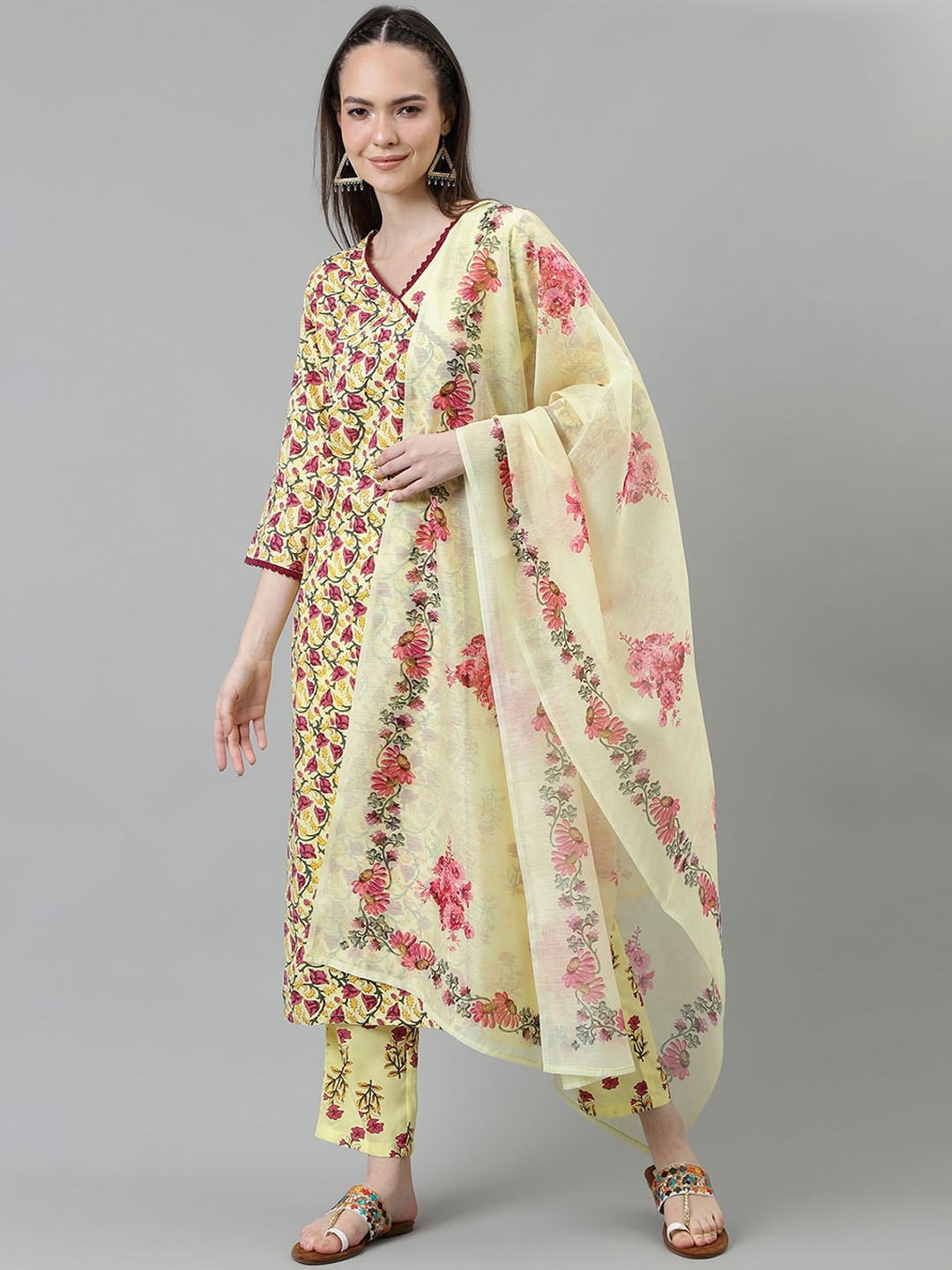 

Sringam Floral Printed Angrakha Kurta With Trousers & Dupatta, Yellow