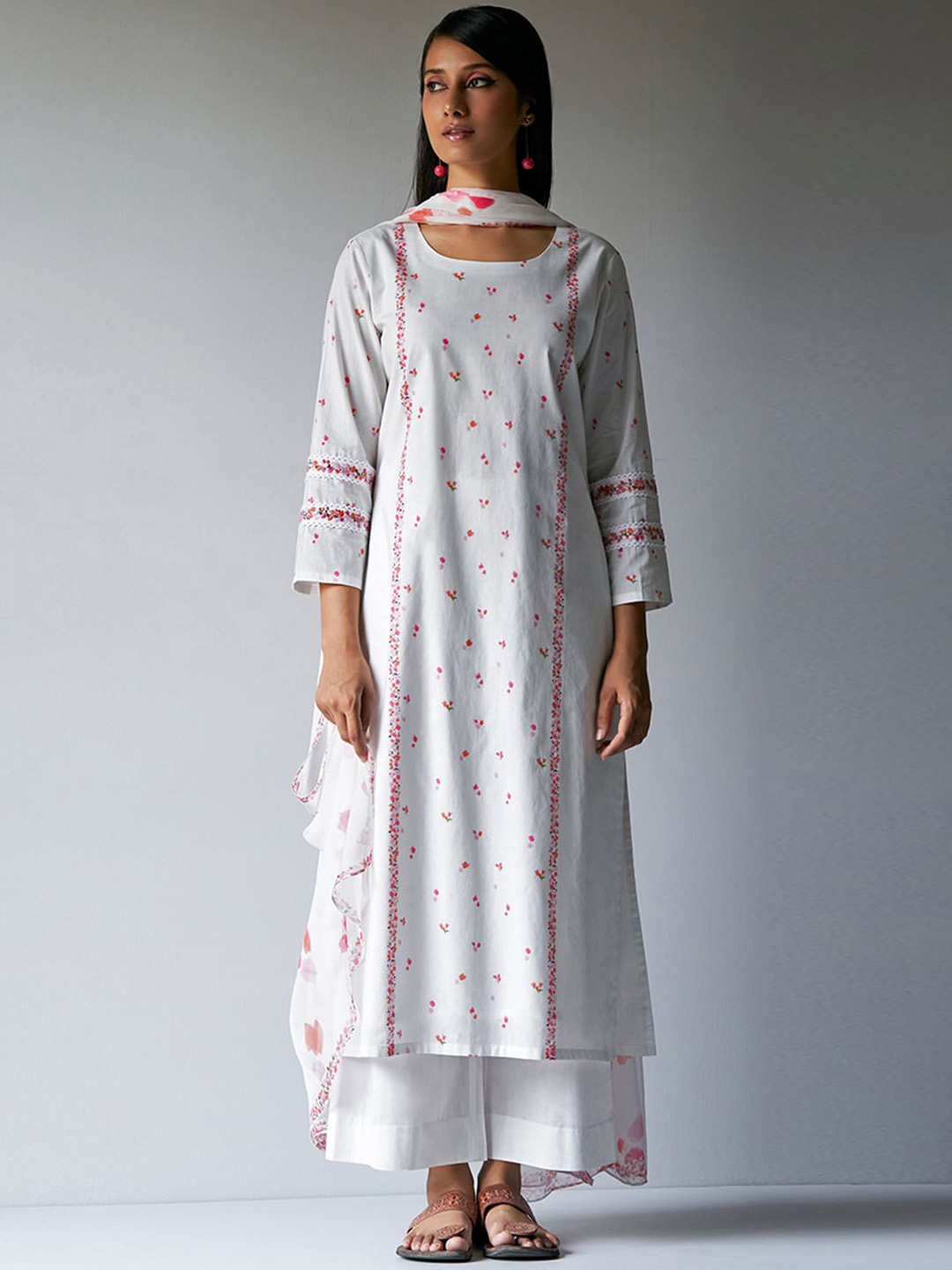 

Ganga Floral Printed Pure Cotton Kurta With Palazzos & Dupatta, White