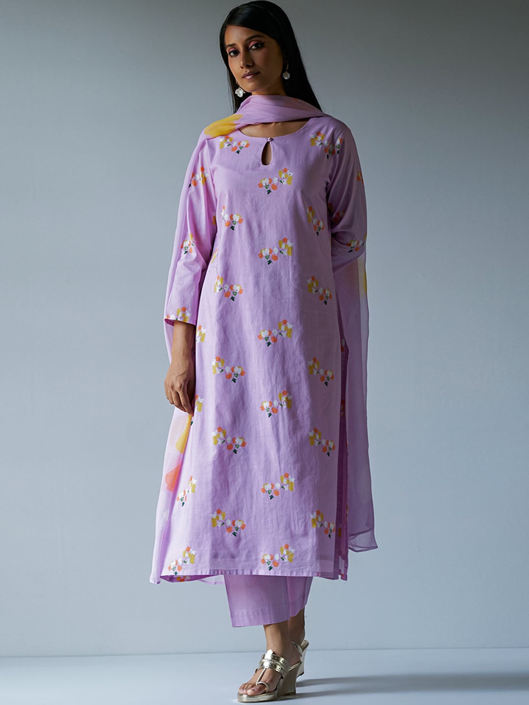 

Ganga Floral Printed Pure Cotton Kurta With Palazzos & Dupatta, Lavender