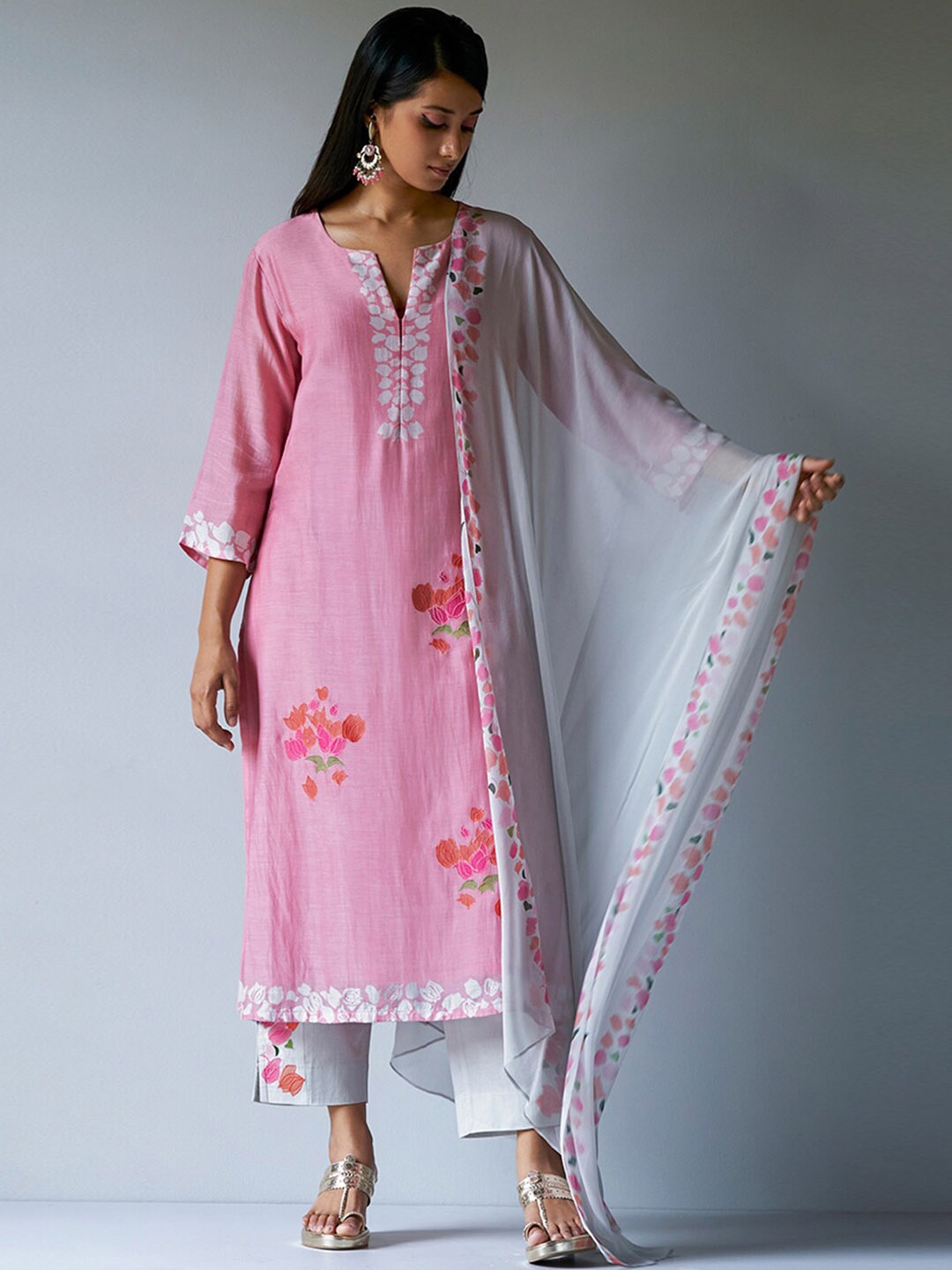 

Ganga Floral Printed Raw Silk Kurta With Palazzos & Dupatta, Pink