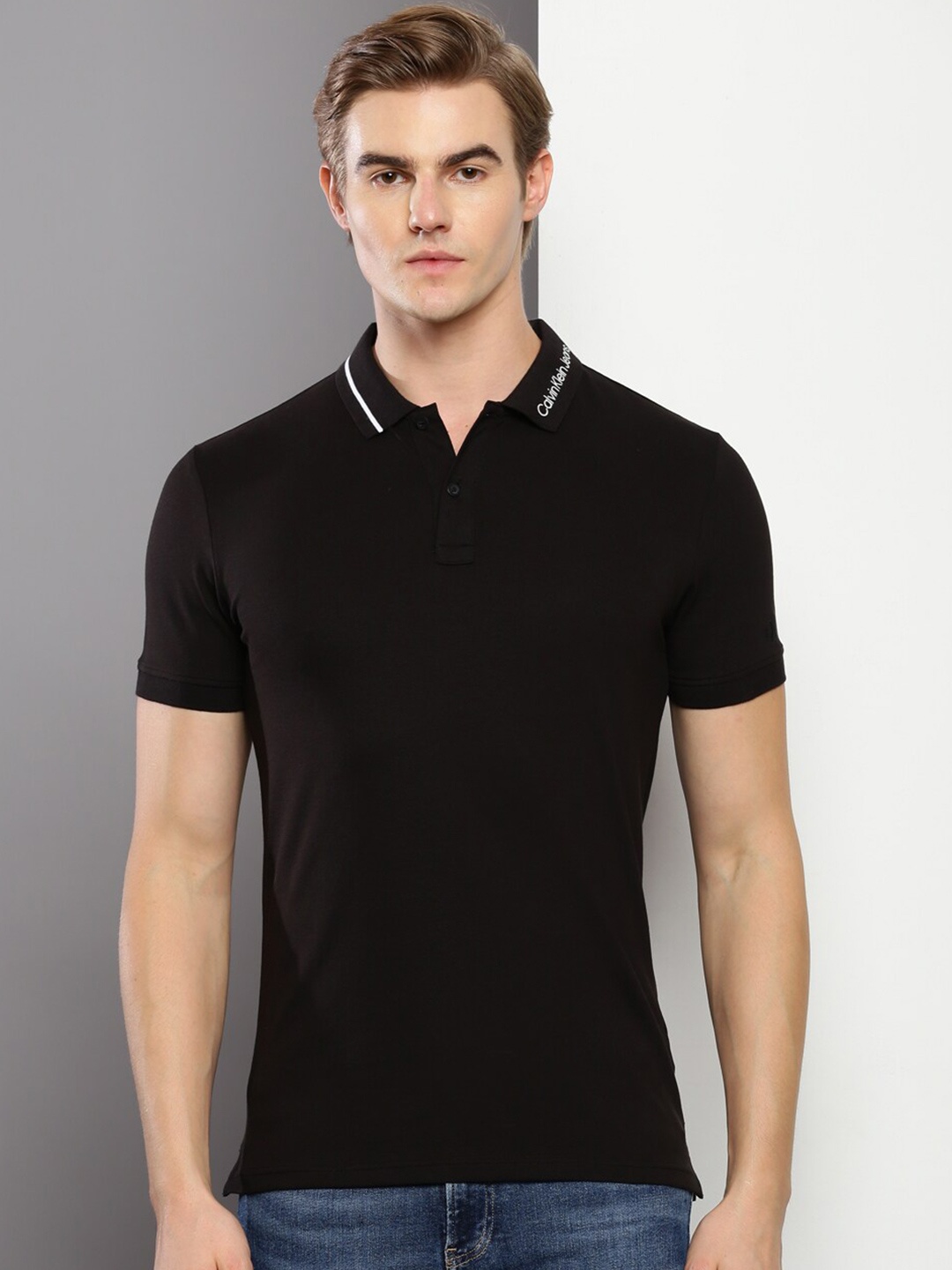 

Calvin Klein Jeans Men Polo Collar Slim Fit T-shirt, Black
