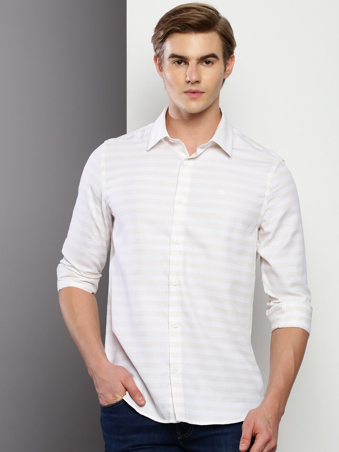 

Calvin Klein Jeans Slim Fit Horizontal Striped Casual Pure Cotton Shirt, White