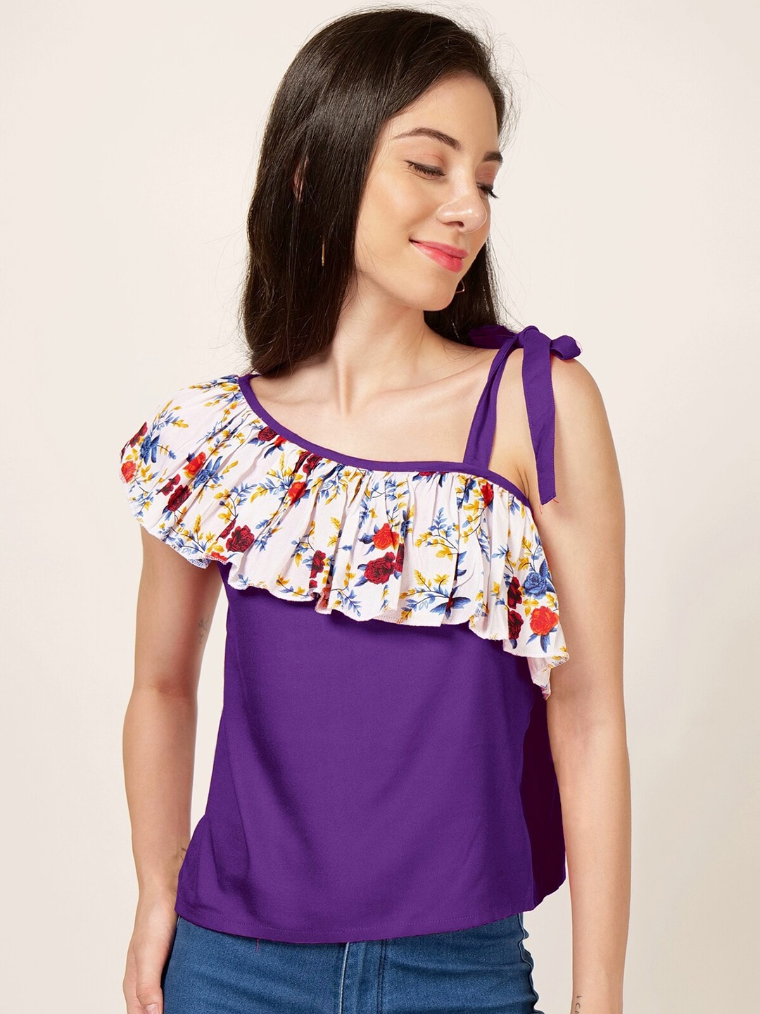 

PATRORNA Floral Printed One Shoulder Ruffles Detailed Regular Top, Purple
