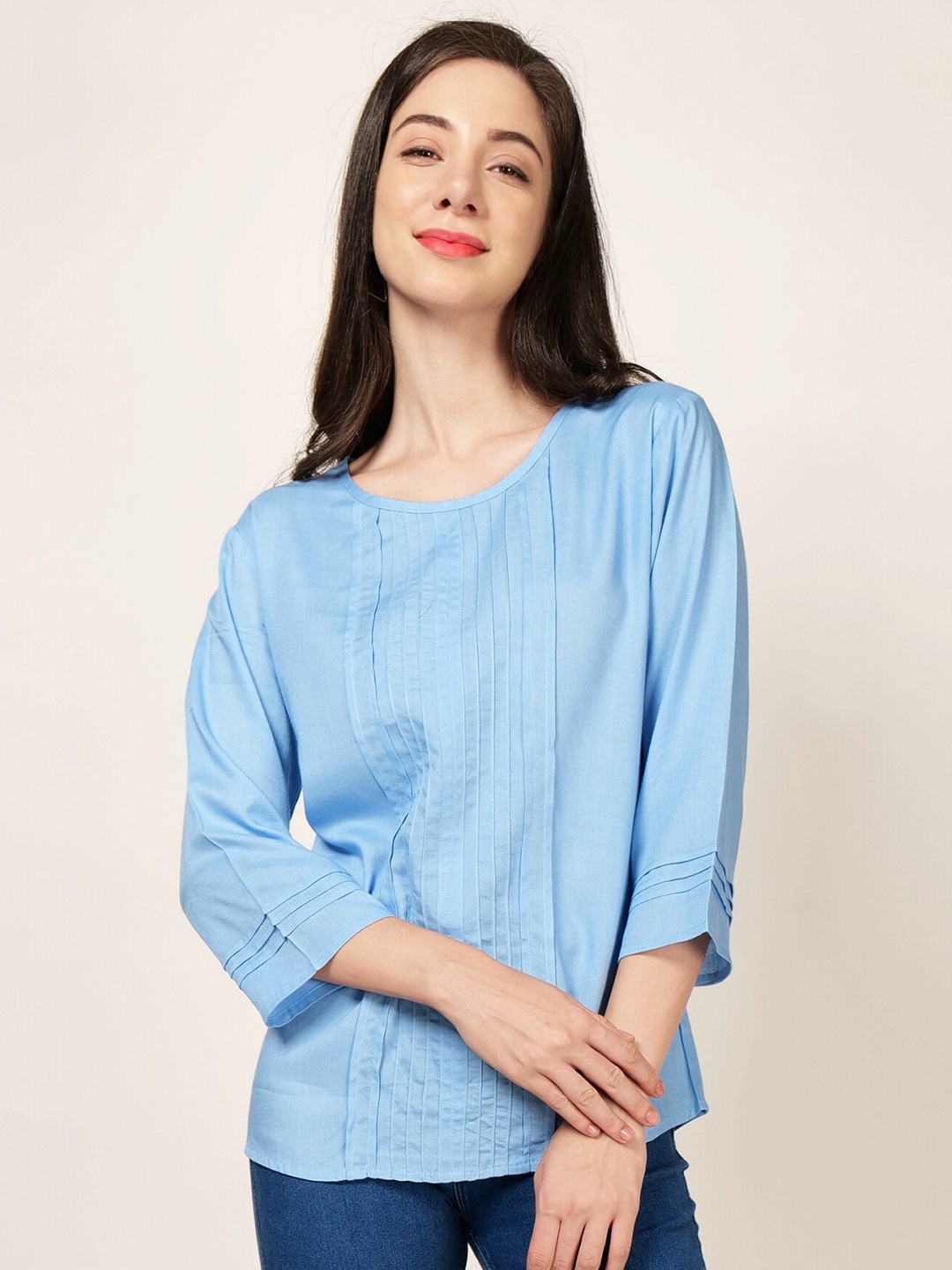 

PATRORNA Long Sleeves Pleated Detailed Regular Top, Blue
