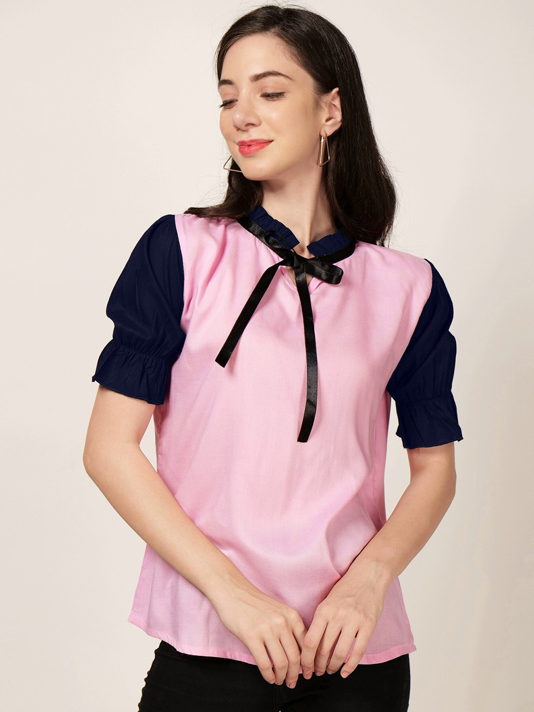 

PATRORNA Tie-Up Neck Puff Sleeves Regular Top, Multi