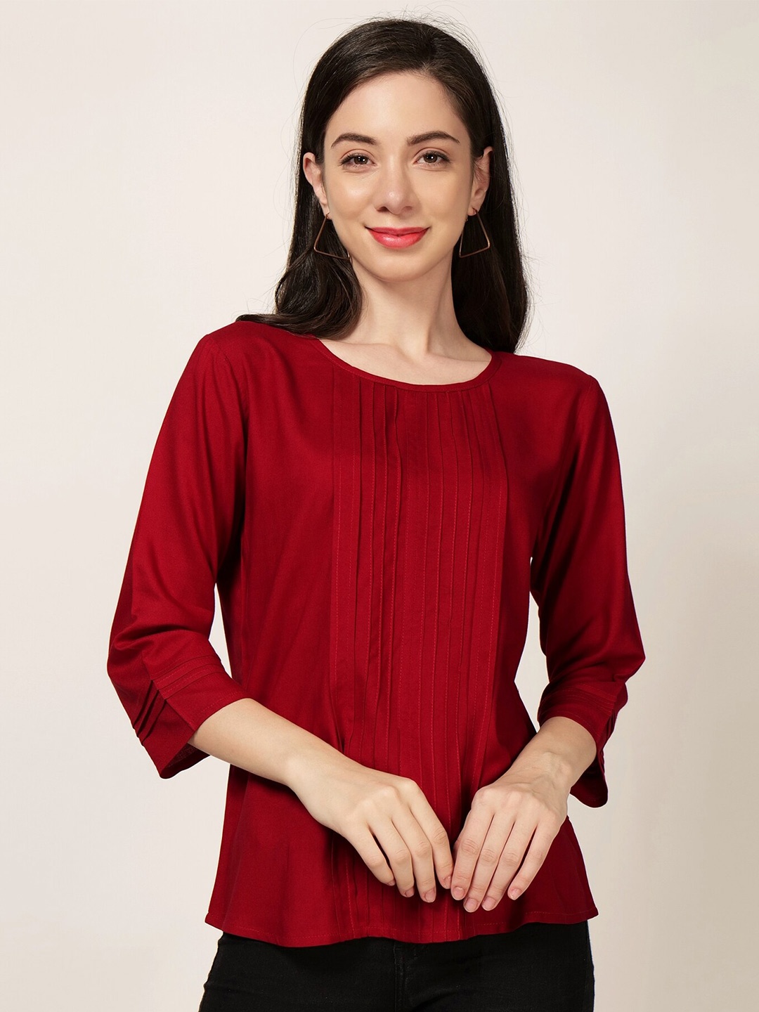 

PATRORNA Round Neck Pleated Detail Top, Maroon