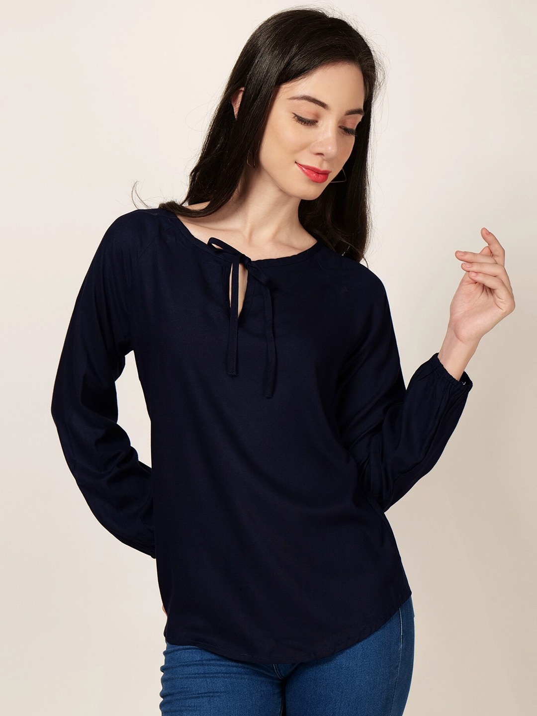 

PATRORNA Tie-Up Neck Raglan Sleeve Top, Black