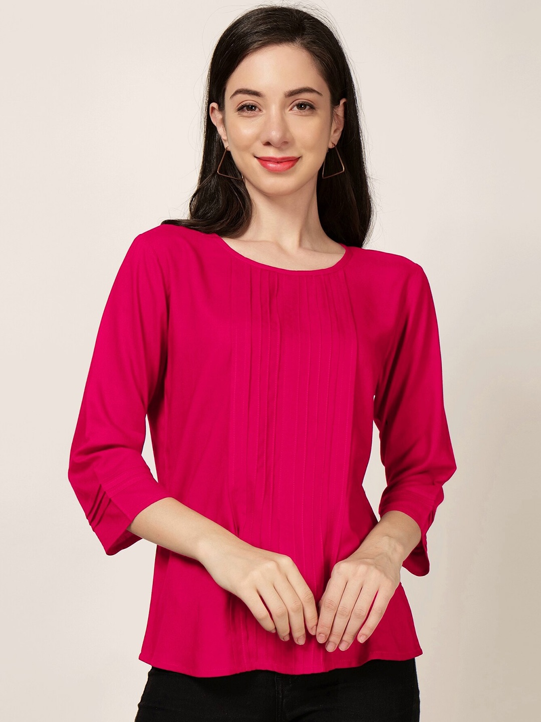 

PATRORNA Round Neck Pleated Detail Top, Pink