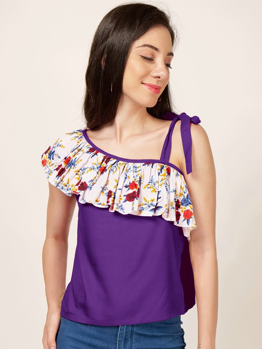 

PATRORNA Floral Printed Ruffles Top, Purple