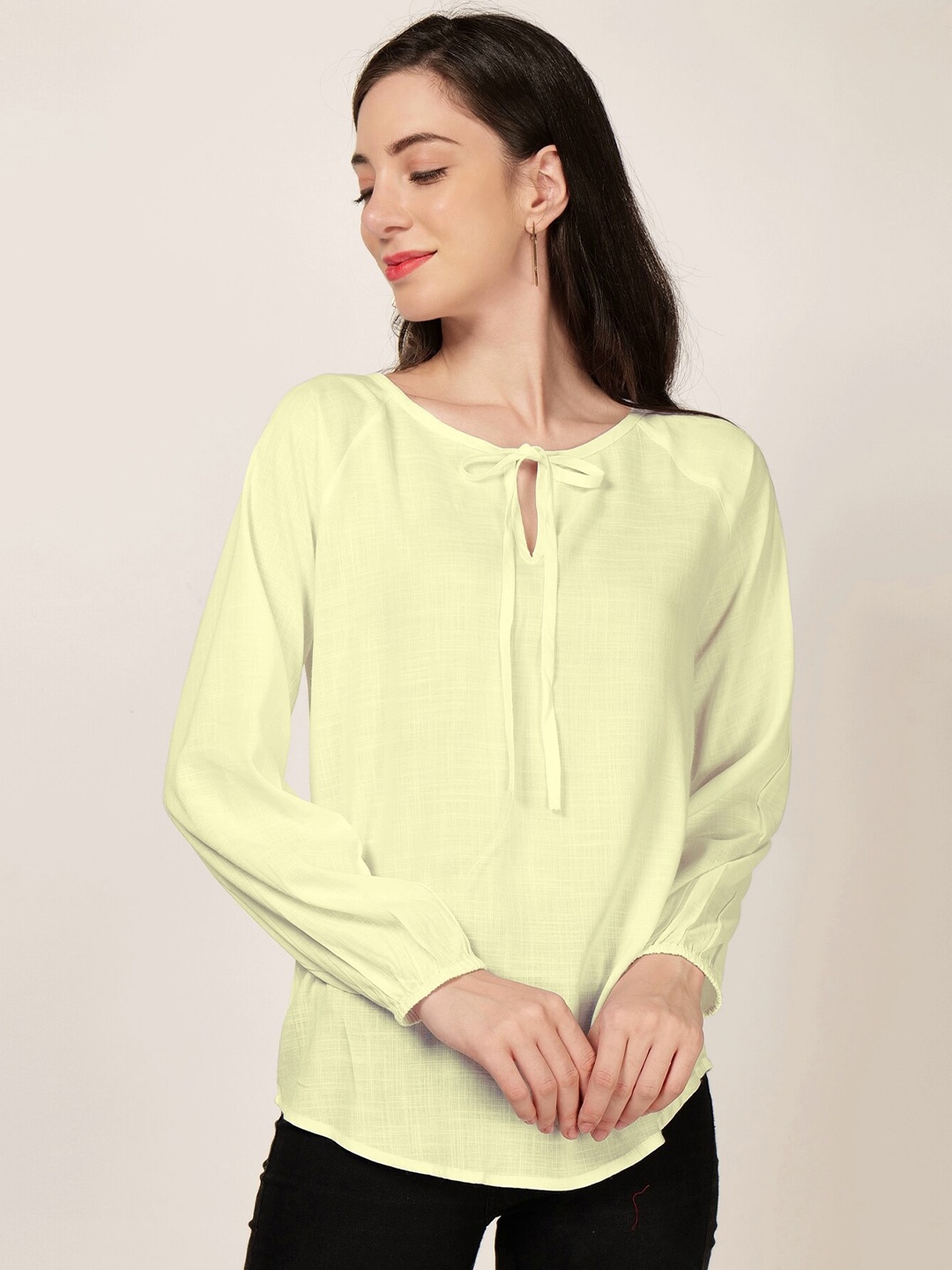 

PATRORNA Tie-Up Neck Raglan Sleeve Top, Yellow