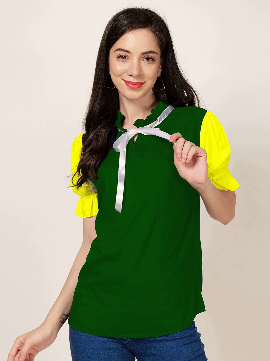 

PATRORNA Tie-Up Neck Puff Sleeve Top, Green