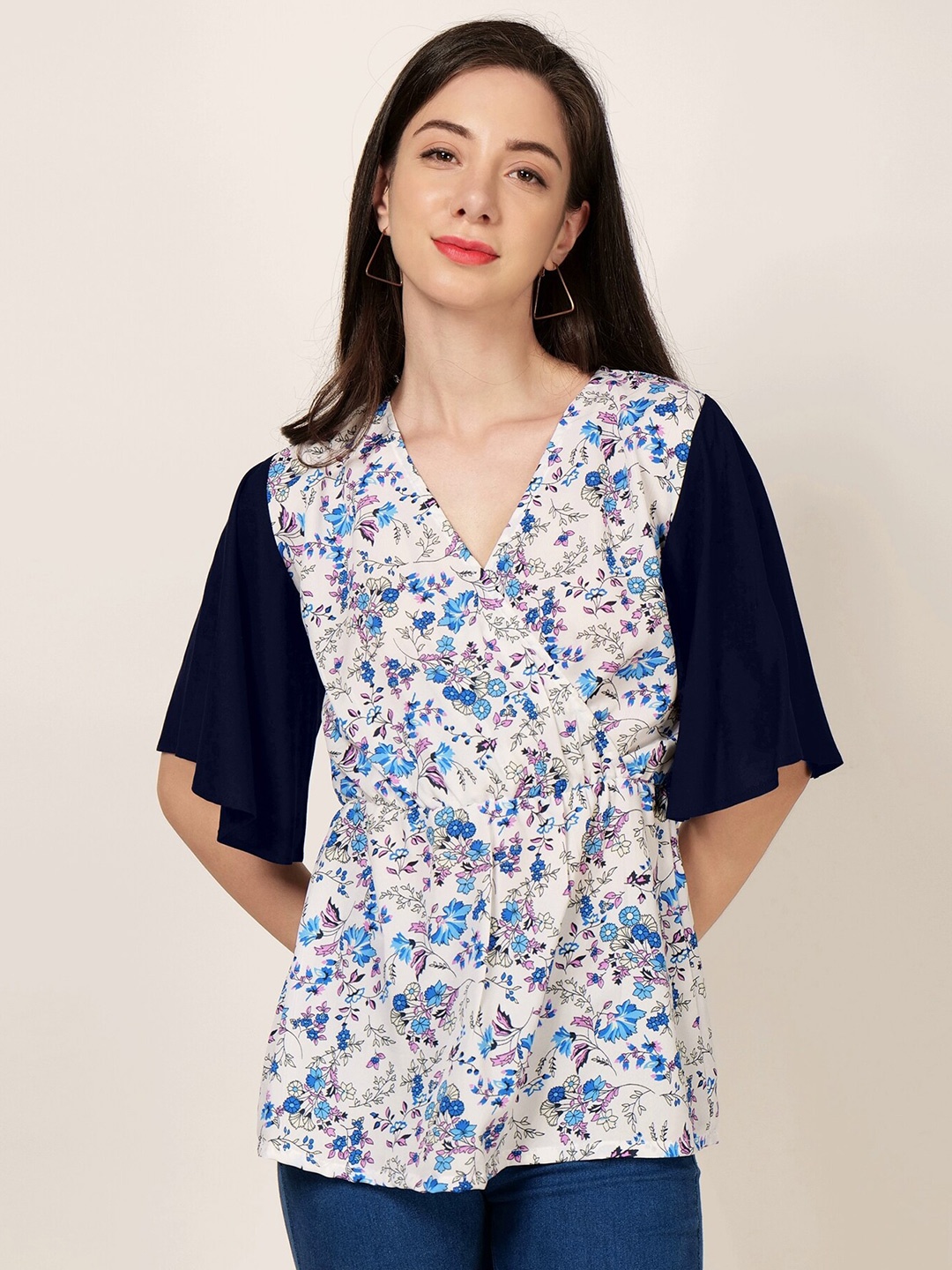 

PATRORNA Floral Printed Flared Sleeves Cotton Wrap Top, White