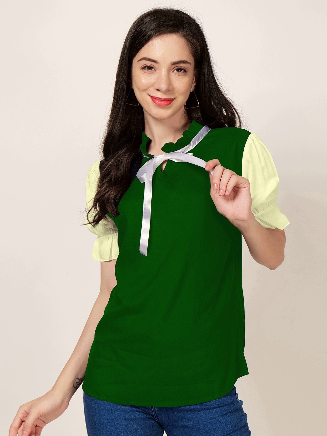 

PATRORNA Tie-Up Neck Puff Sleeves Top, Green