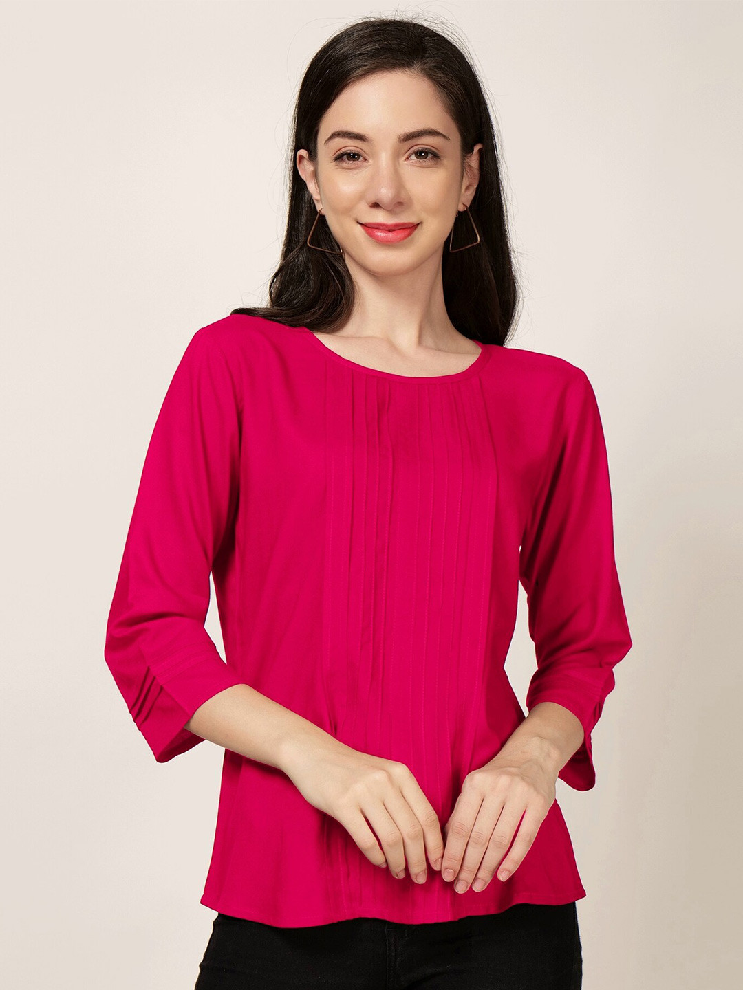 

PATRORNA Round Neck Cotton Pleated Top, Pink