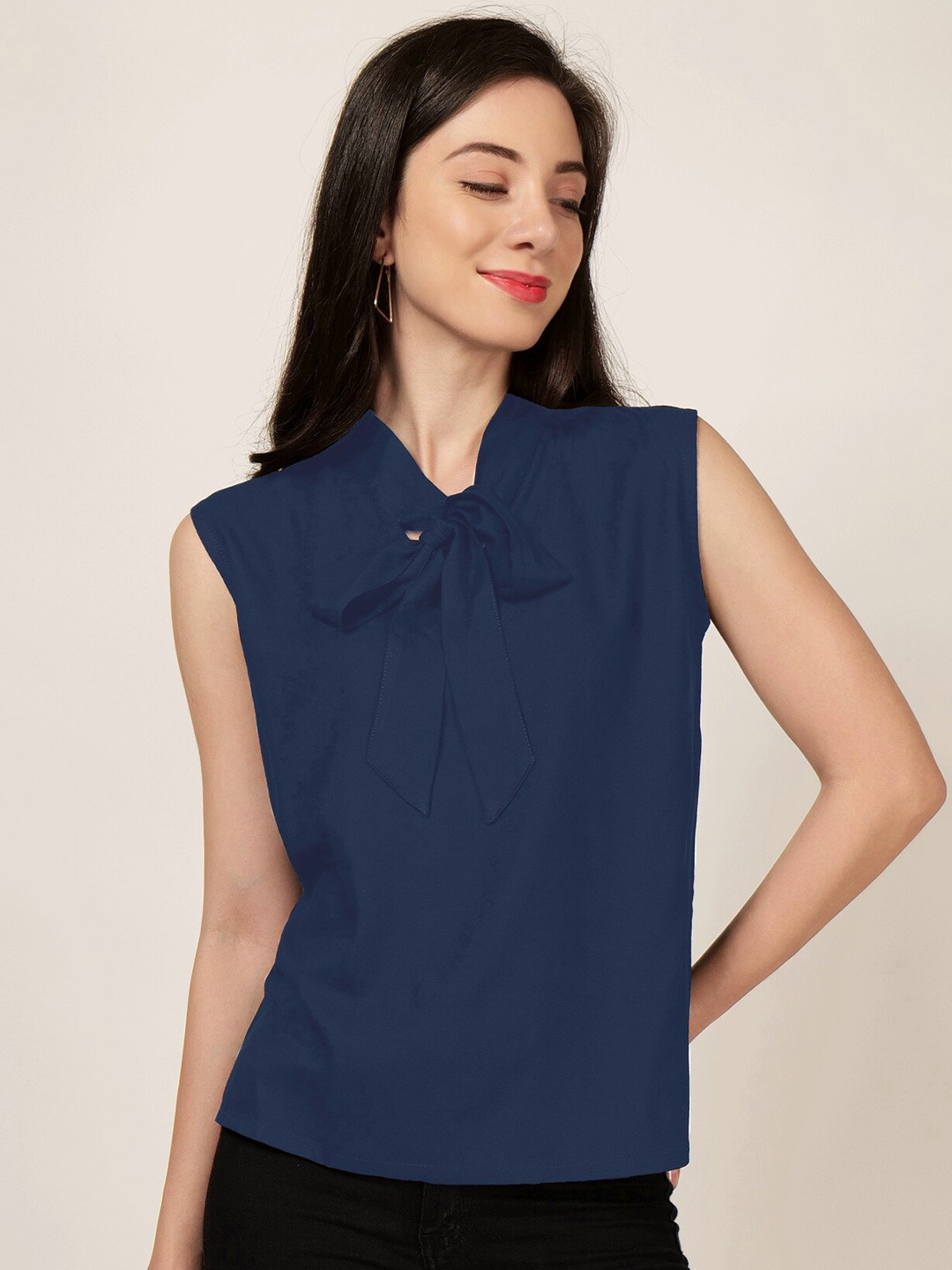 

PATRORNA Tie-Up Neck Extended Sleeves Top, Navy blue