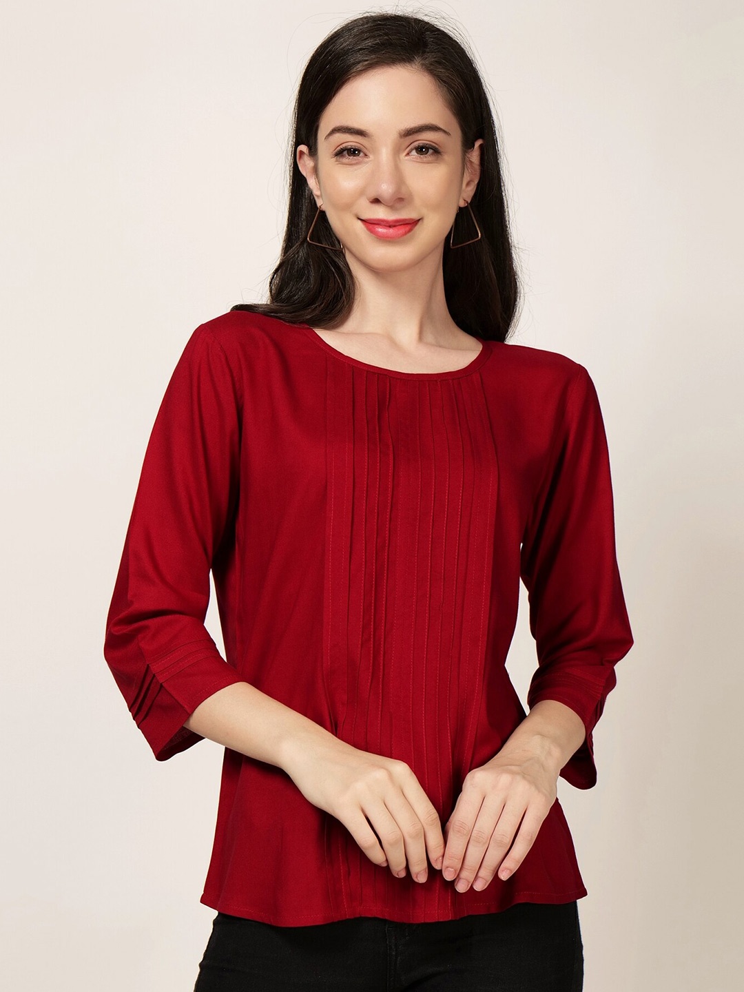 

PATRORNA Round Neck Pleated Top, Maroon