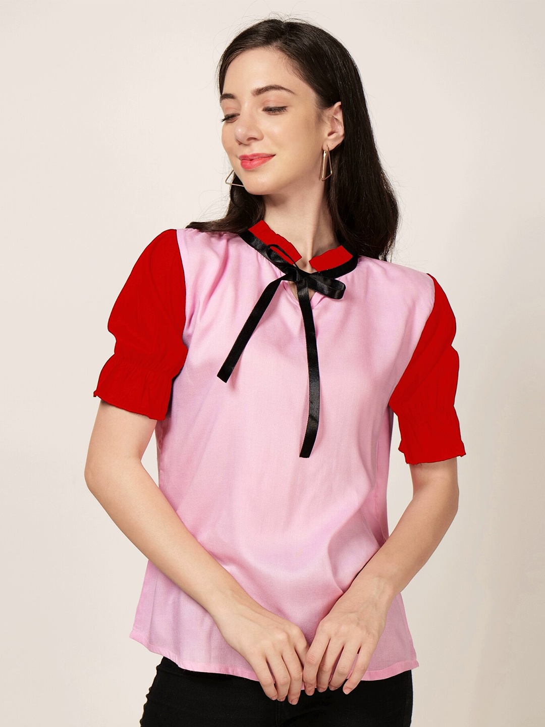 

PATRORNA Tie-Up Neck Puff Sleeves Cotton Top, Red