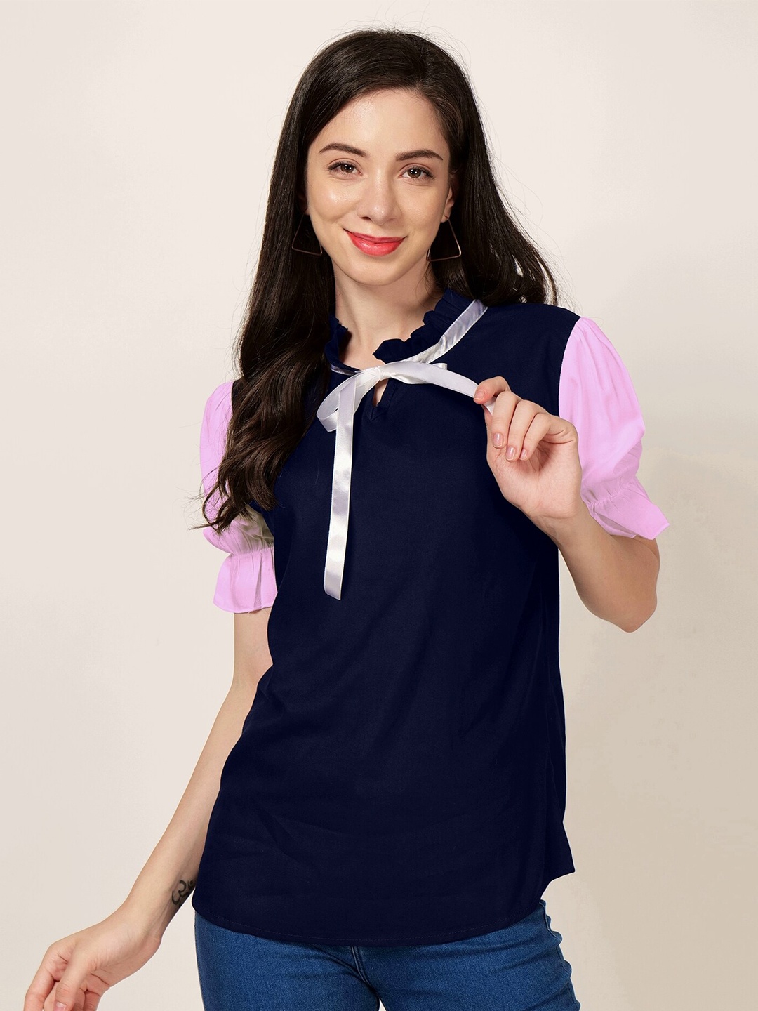 

PATRORNA Tie-Up Neck Puff Sleeves Cotton Top, Navy blue