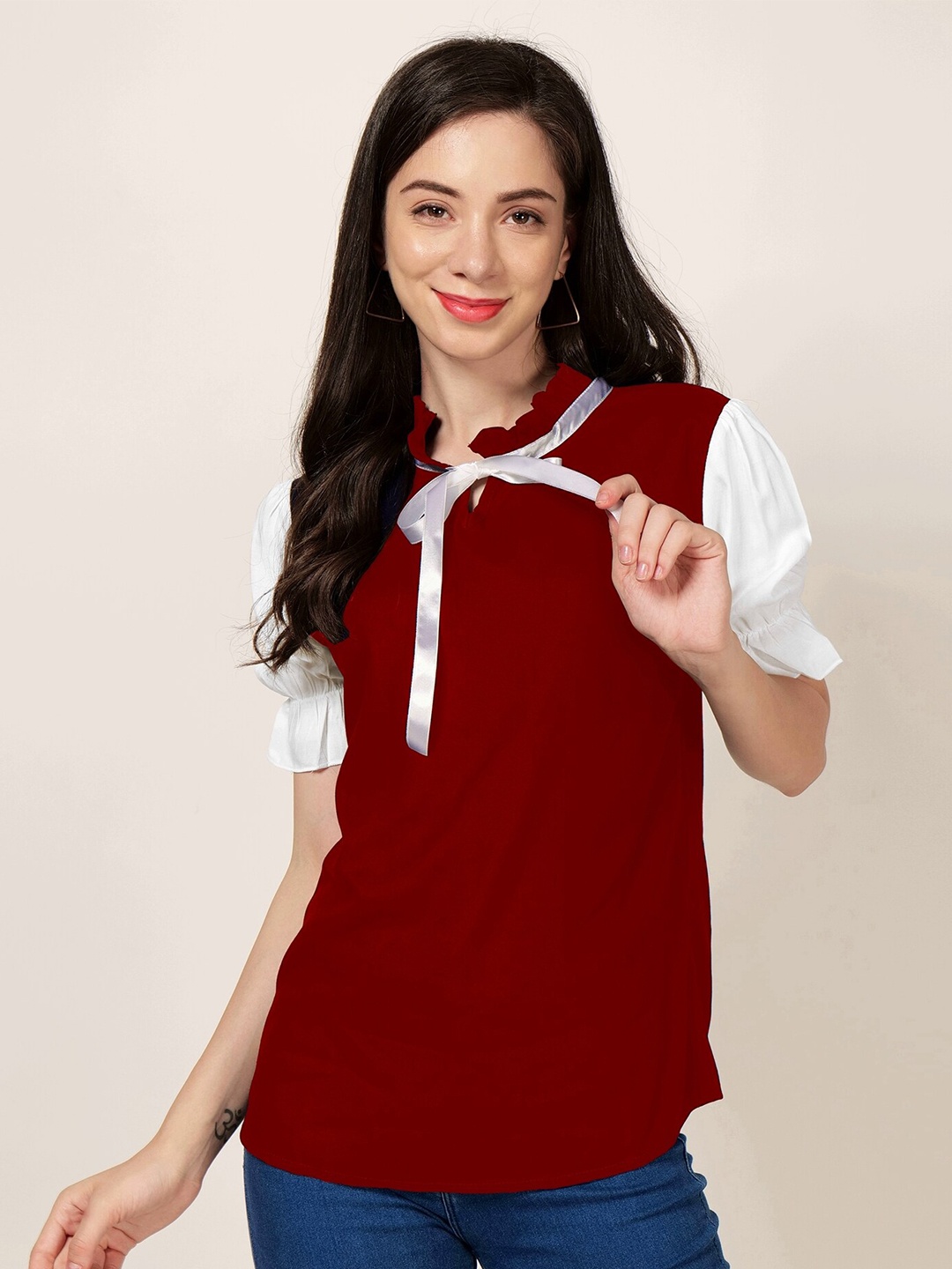 

PATRORNA Tie-Up Neck Puff Sleeves Cotton Top, Red