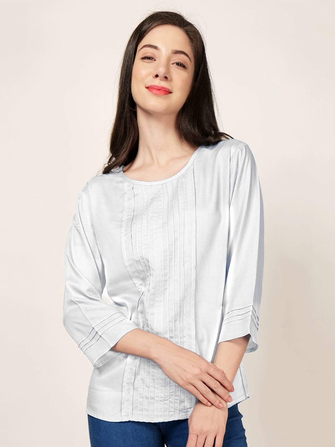 

PATRORNA Round Neck Pleats Detail Regular Top, White