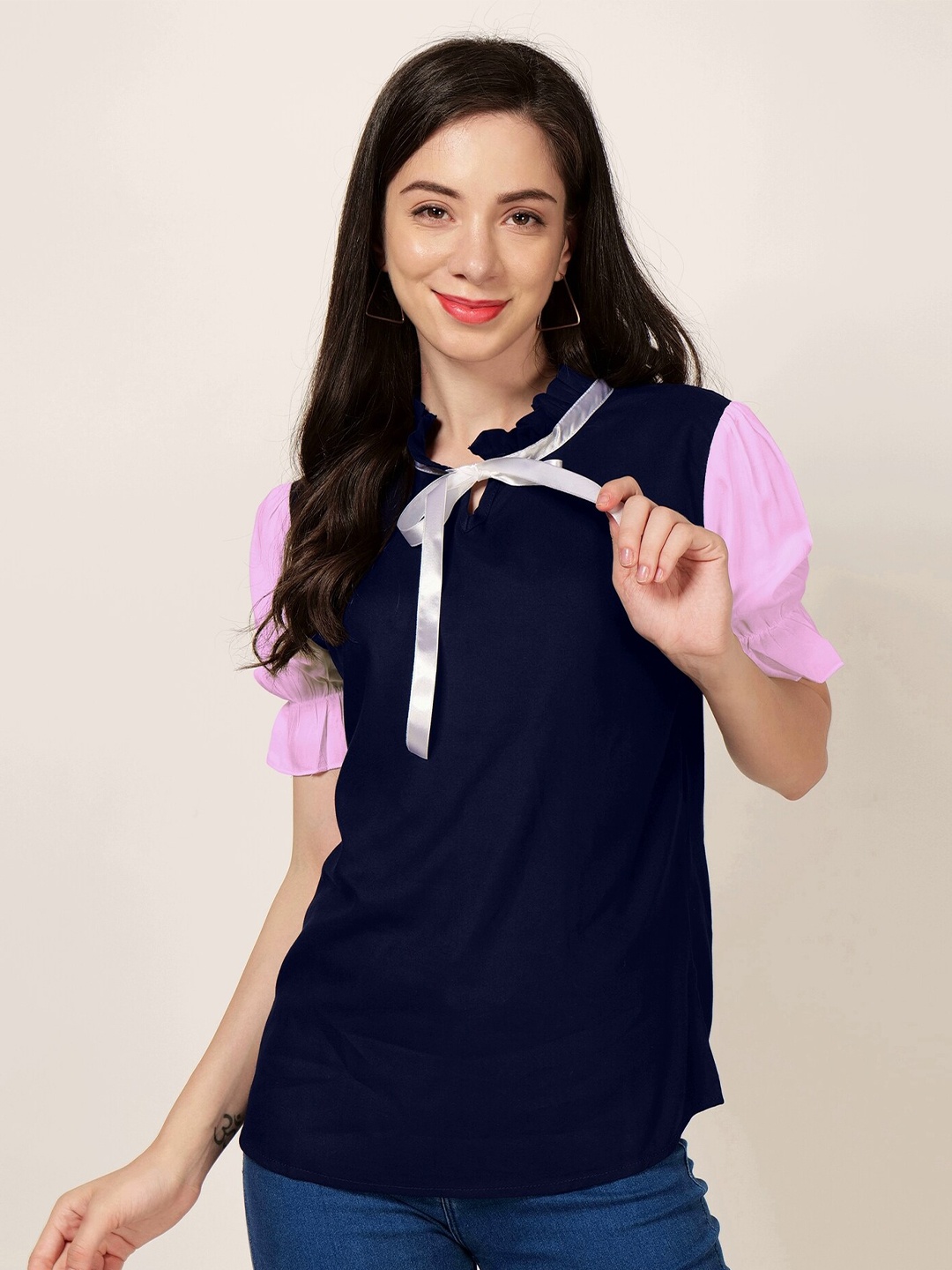 

PATRORNA Tie-Up Neck Puff Sleeves Regular Top, Multi