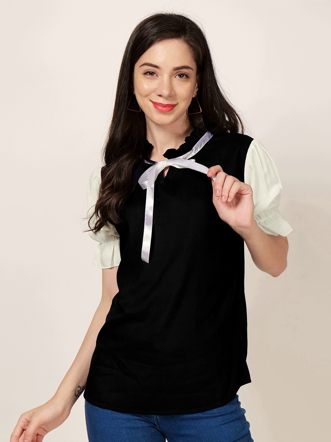

PATRORNA Tie-Up Neck Puff Sleeves Cotton Top, Multi