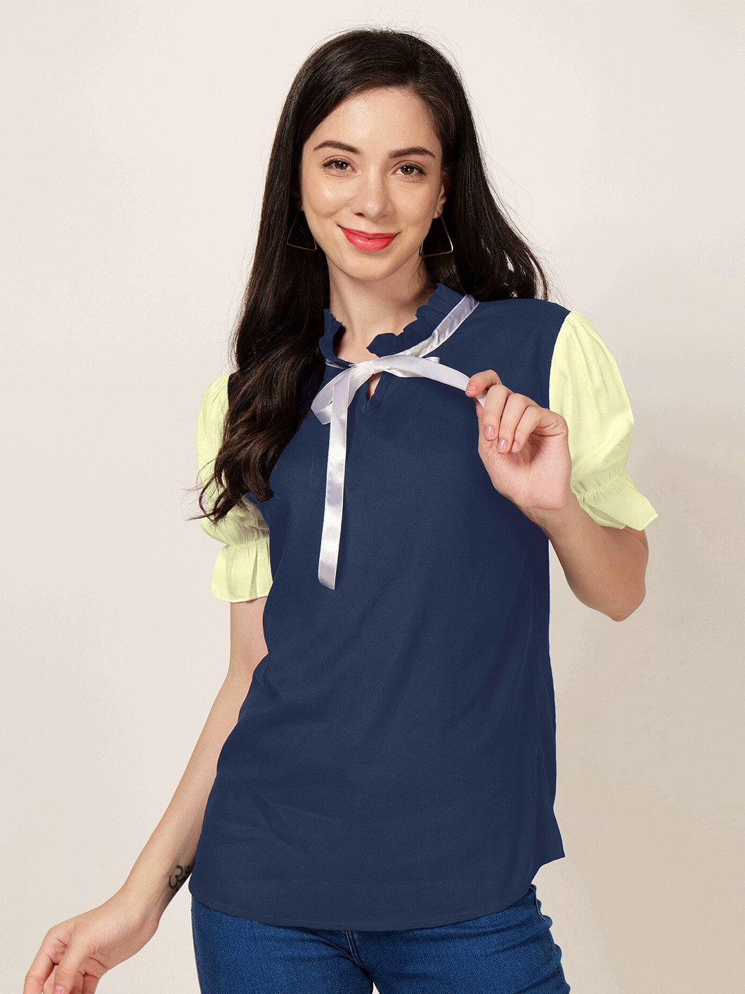 

PATRORNA Tie-Up Neck Puff Sleeves Top, Blue