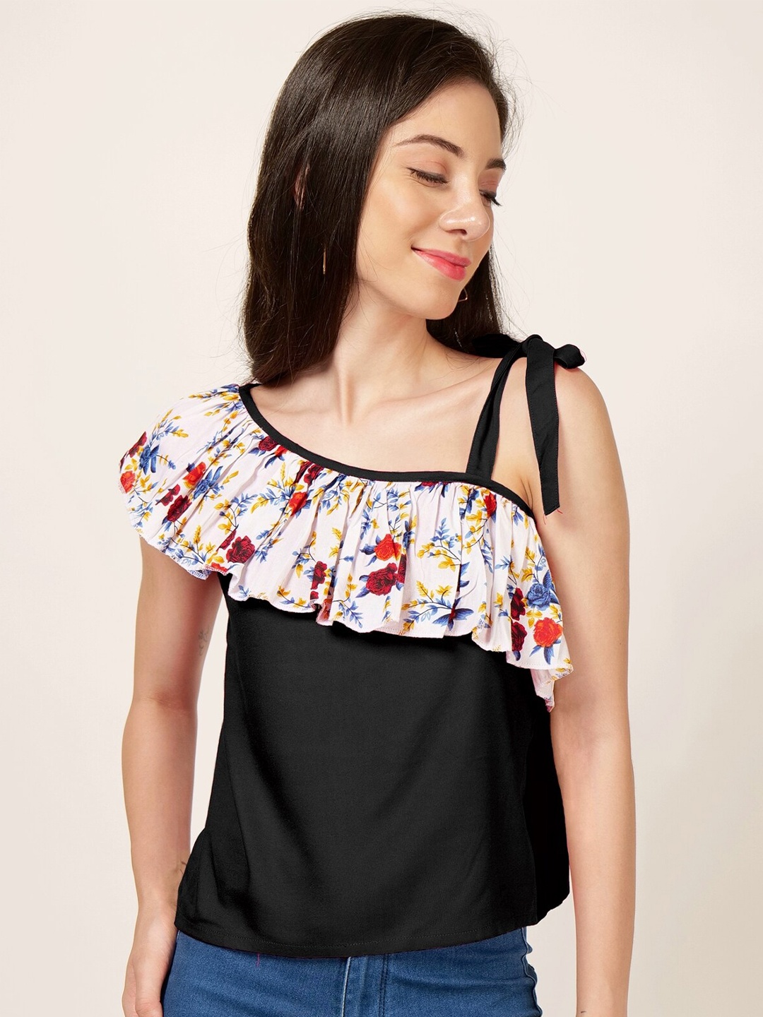 

PATRORNA Floral Print One Shoulder Ruffles Top, Black