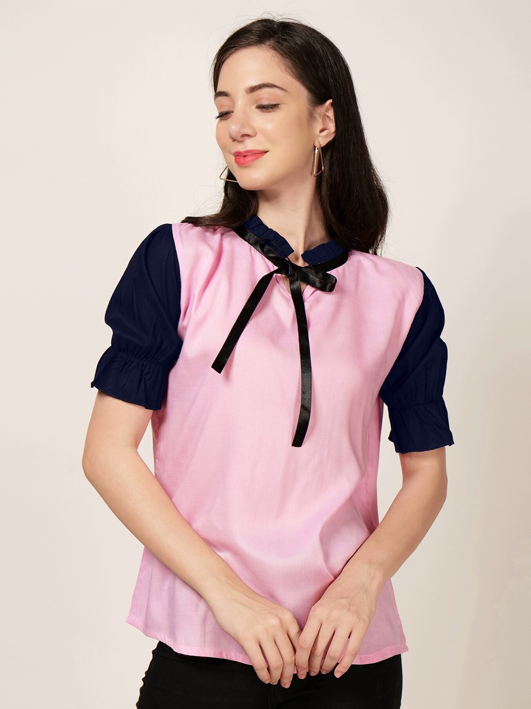 

PATRORNA Tie-Up Neck Puff Sleeve Top, Pink