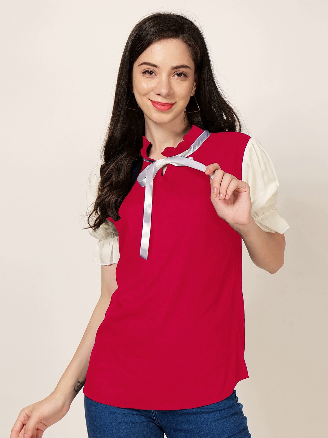 

PATRORNA Tie-Up Neck Top, Red