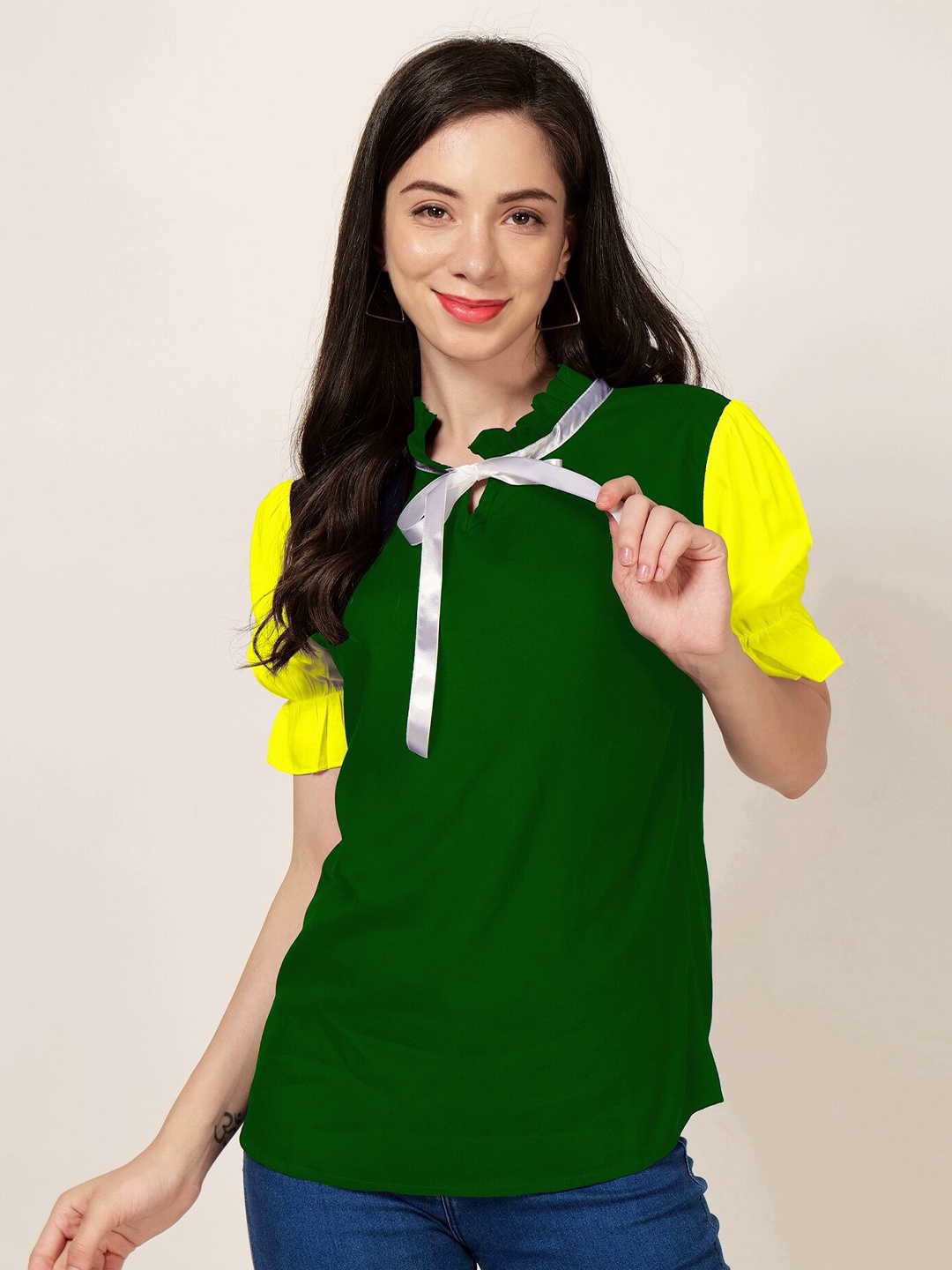 

PATRORNA Tie-Up Neck Puff Sleeve Top, Green