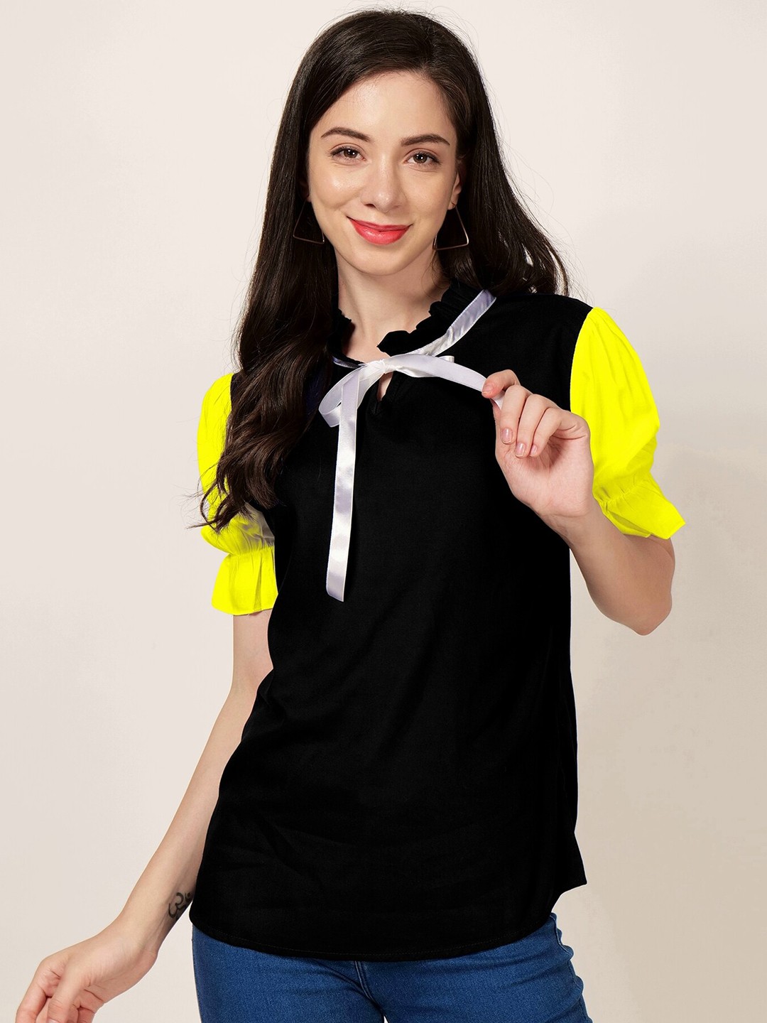 

PATRORNA Tie-Up Neck Puff Sleeve Top, Black