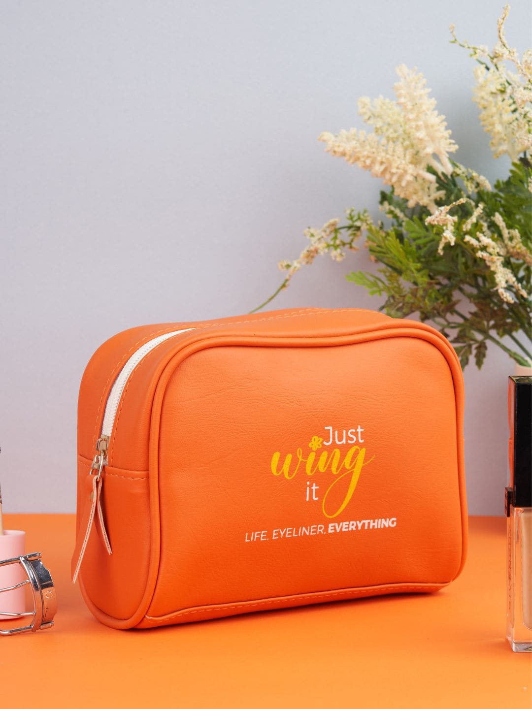 

Doodle Women Typography Printed Premium Vegan Leather Cosmetic Pouch, Orange