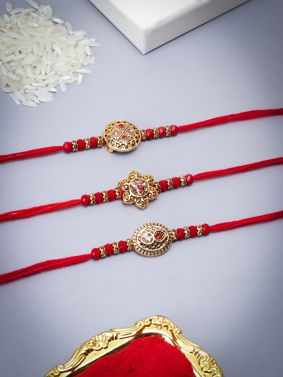 

The Purple Tree MenSet Of 3 Stone-Studded & Beaded Rakhis, Red