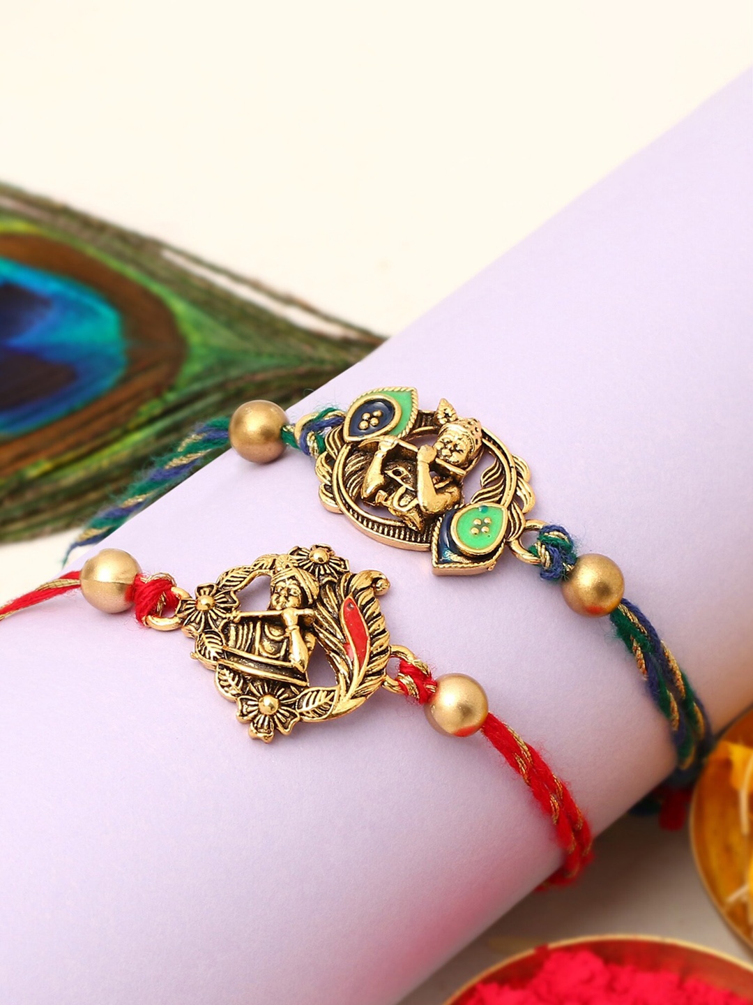 

The Purple Tree Set Of 2 Krishna-Charm & Beaded Rakhi, Red