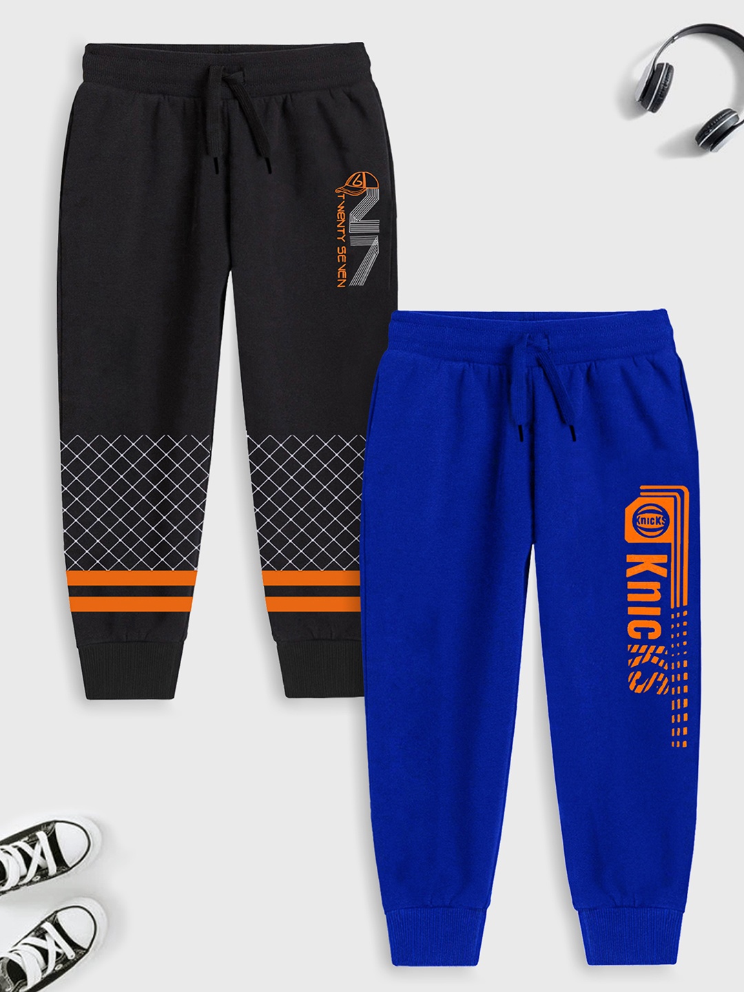 Trampoline Boys Pack Of 2 Typography Printed Cotton Joggers, Blue