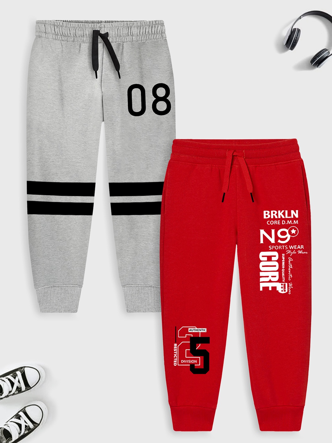 

Trampoline Boys Pack Of 2 Typography Printed Cotton Joggers, Red