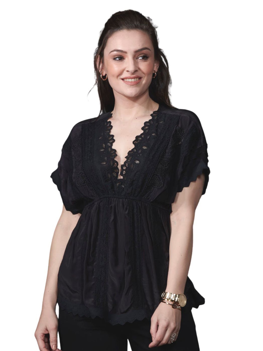 

Style Island V-Neck Woven Design Floral Regular Top, Black