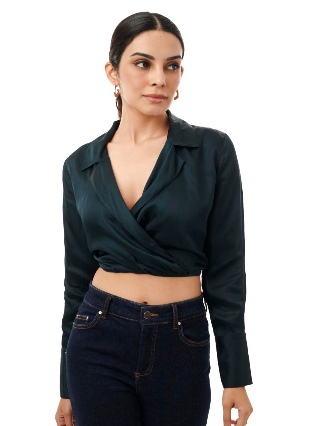

Style Island Shirt Collar Wrap Top, Green