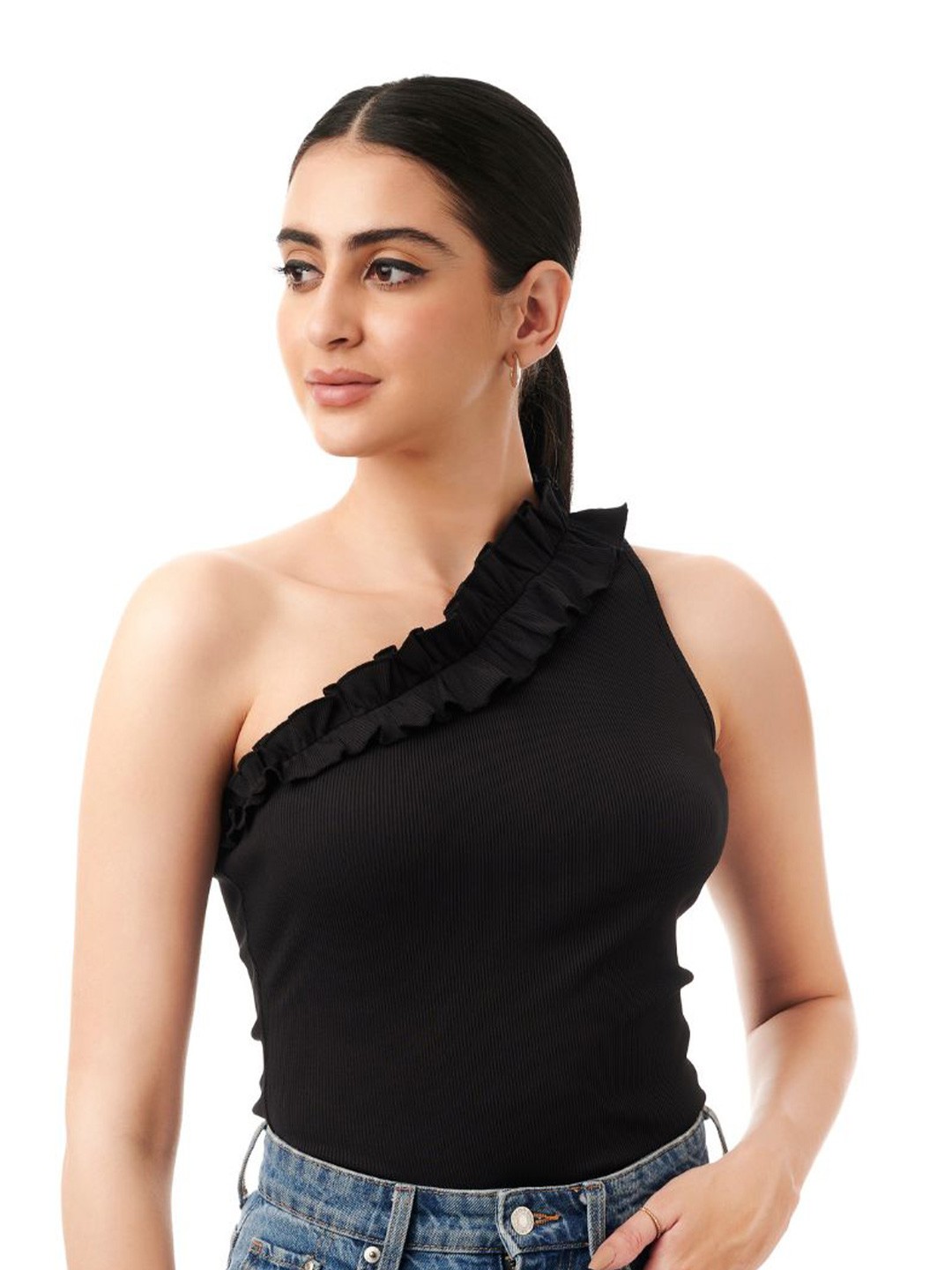 

Style Island One Shoulder Fitted Top, Black