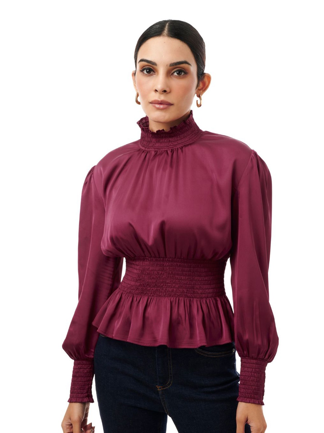 

Style Island Puff Sleeve Cinched Waist Top, Maroon