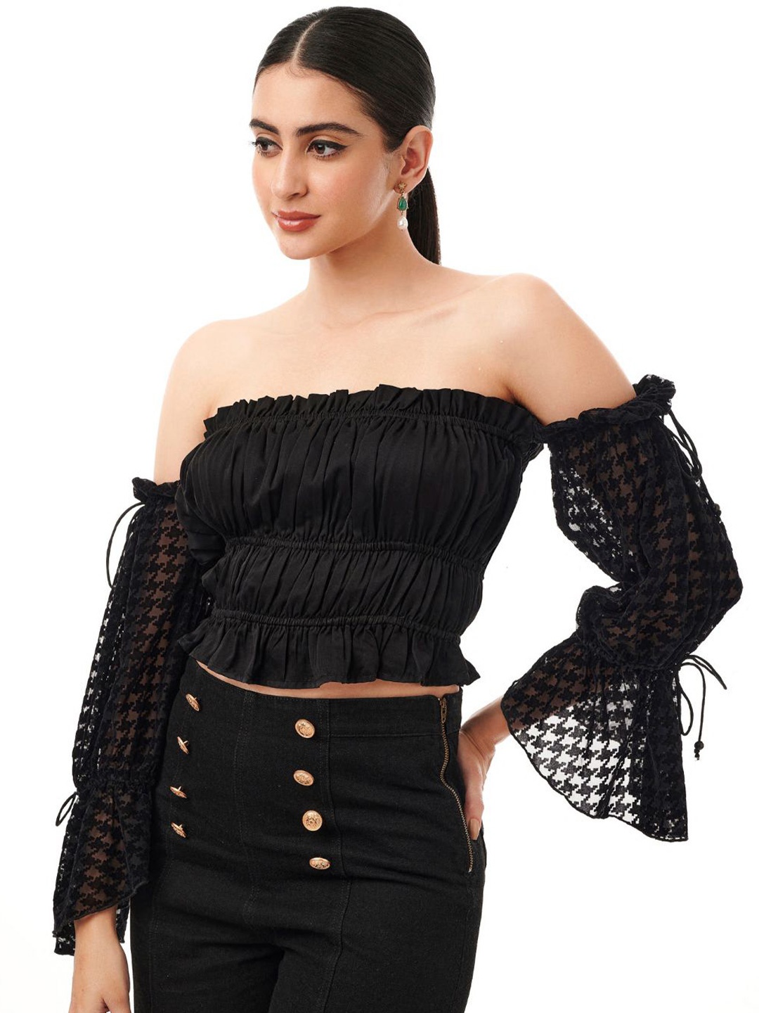 

Style Island Self Design Off- Shoulder Bell Sleeves Tube Top, Black