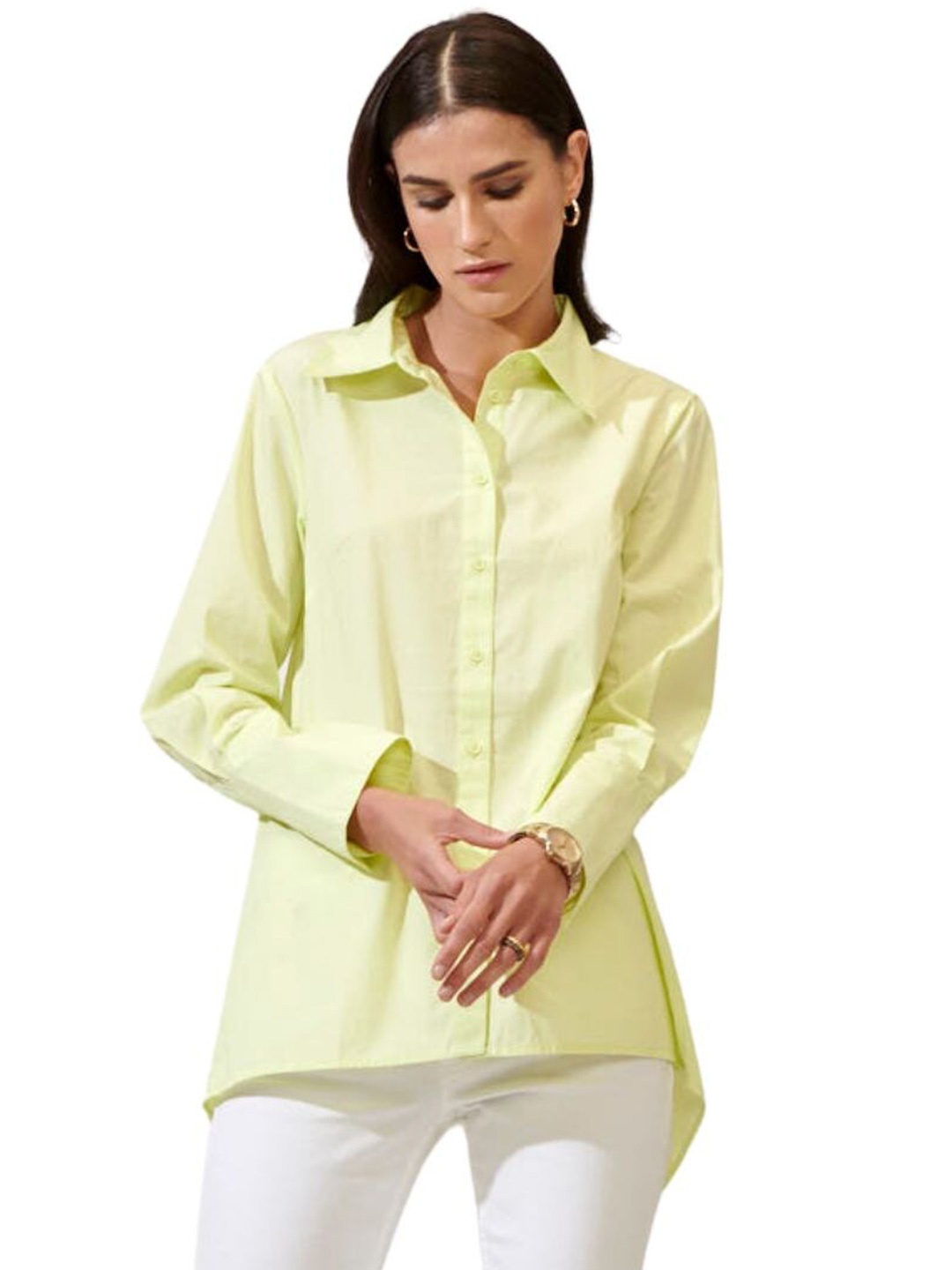 

Style Island Cuffed Sleeves Pure Cotton Shirt Style Top, Green