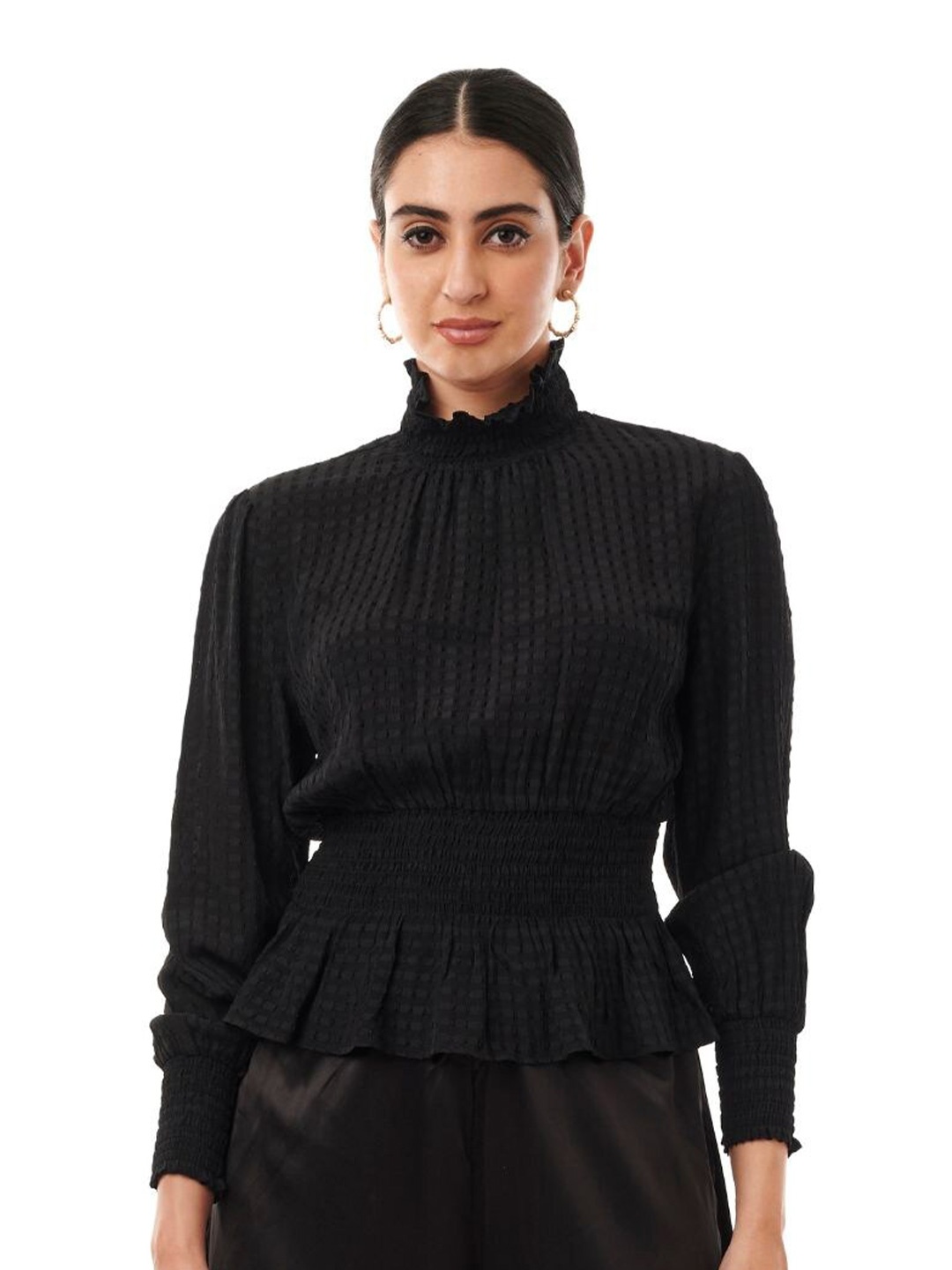 

Style Island Self Design Smocked Peplum Top, Black