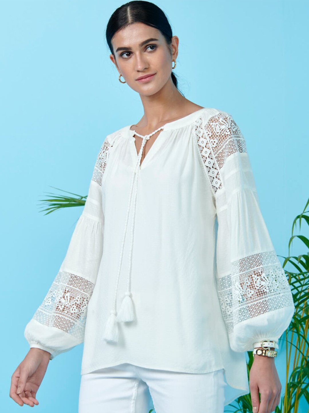

Style Island Tie-Up Neck Bell Sleeve Pure Cotton Top, White