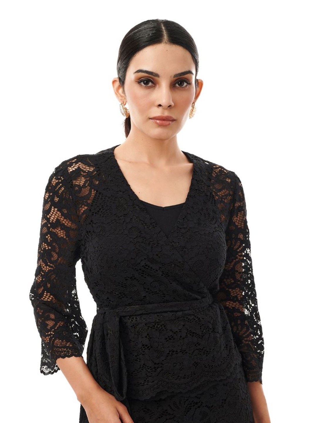 

Style Island Round Neck Wrap Top, Black