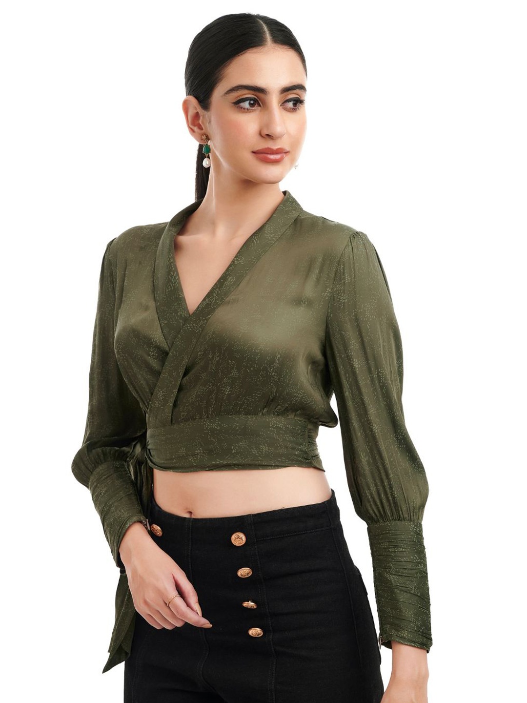 

Style Island V-Neck Cuffed Sleeves Wrap Crop Top, Green