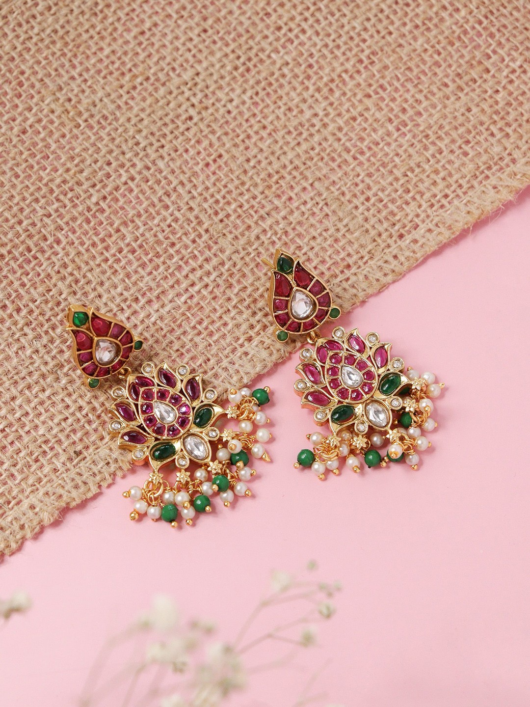 

CURIO COTTAGE Gold-Plated Kundan Studded Contemporary Drop Earrings